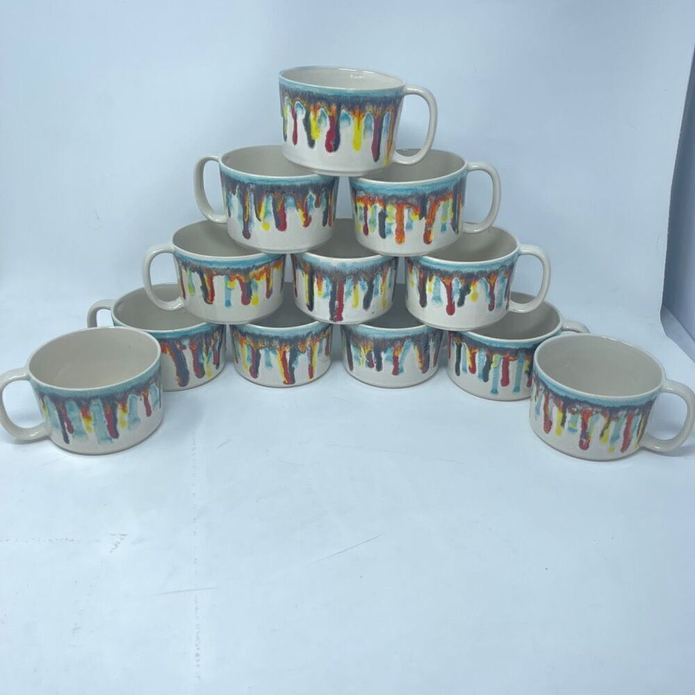 Crate and Barrel "Gallery" Pattern Mugs Dripping Colored Glaze Set of 12